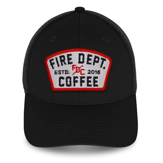 Front view of black hat with black mesh back and a Fire Department Coffee keystone patch on the front