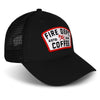 Black hat with black mesh back and a Fire Department Coffee keystone patch on the front