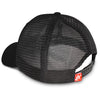 Side view of black hat with black mesh back and a Fire Department Coffee keystone patch on the front