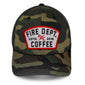 Front view of camouflage hat with Fire Department Coffee keystone patch on the front