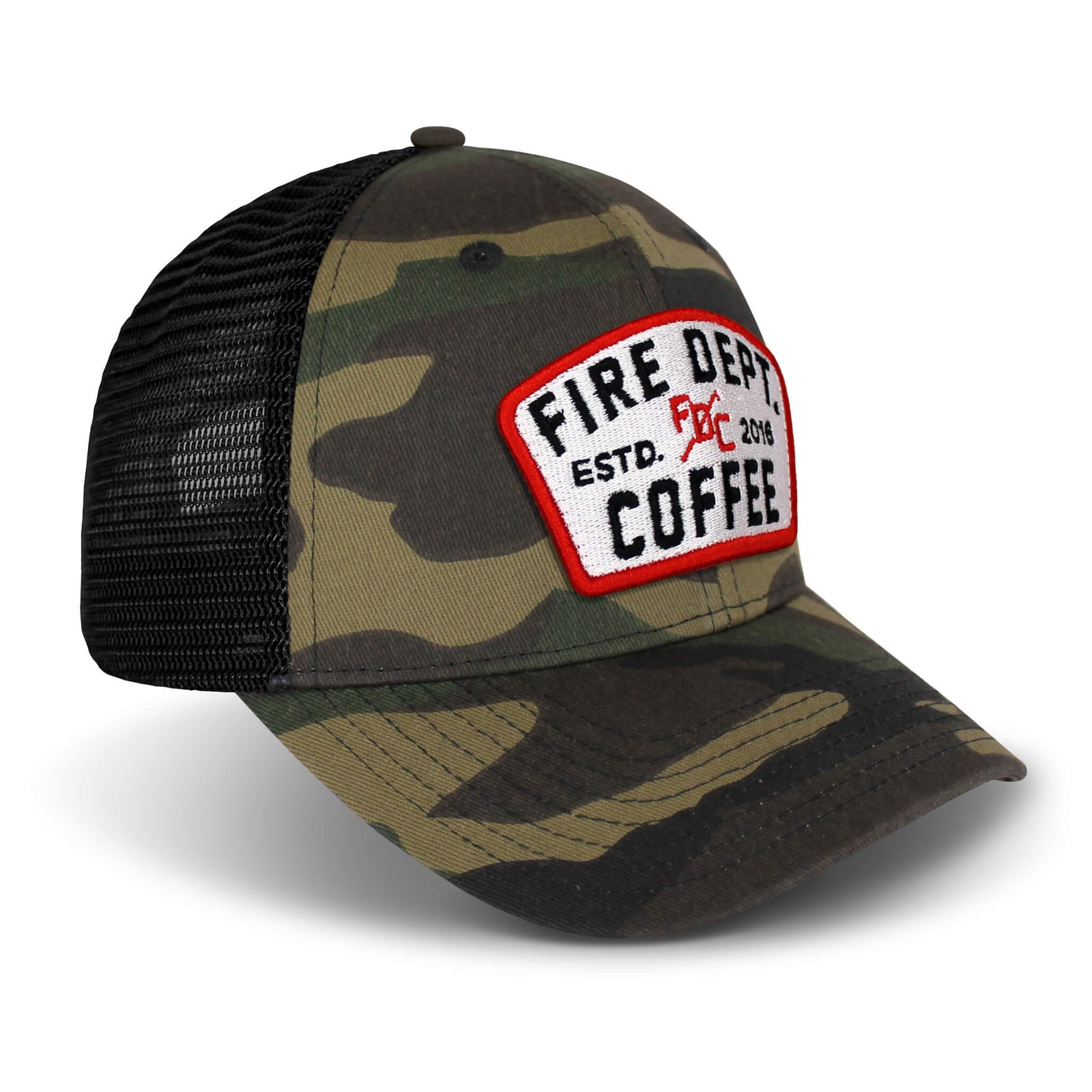 Camouflage hat with black mesh back and a Fire Department Coffee keystone patch on the front