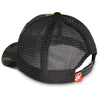 Side view of camouflage hat with black mesh back and a Fire Department Coffee keystone patch on the front