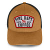 Front view of tan hat with Fire Department Coffee keystone patch on the front