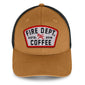 Front view of tan hat with Fire Department Coffee keystone patch on the front