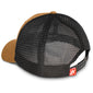 Side view of Tan hat with black mesh back and a Fire Department Coffee keystone patch on the front