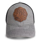 Front view of grey hat with leather FDC maltese cross logo on the front