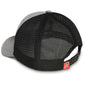 back/side view of the grey hat with black mesh back and adjustable closure with red FDC pike pole tag