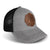 Front/side angle view of grey hat with black mesh back and a leather patch on the front of the FDC maltese cross logo