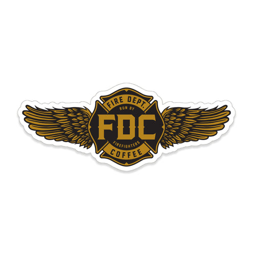 Sticker with FDC’s maltese cross logo in gold and black with golden wings on either side.