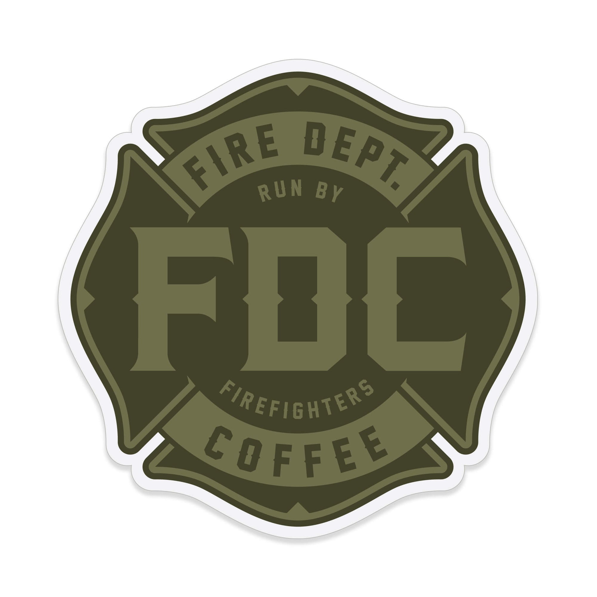 FDC's maltese cross logo in a subdued military green