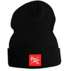 Fitted image of FDC black beanie with square red tag featuring a white FDC pike pole logo on the front of the hat