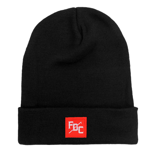 Flat image of FDC black beanie with square red tag featuring a white FDC pike pole logo on the front of the hat