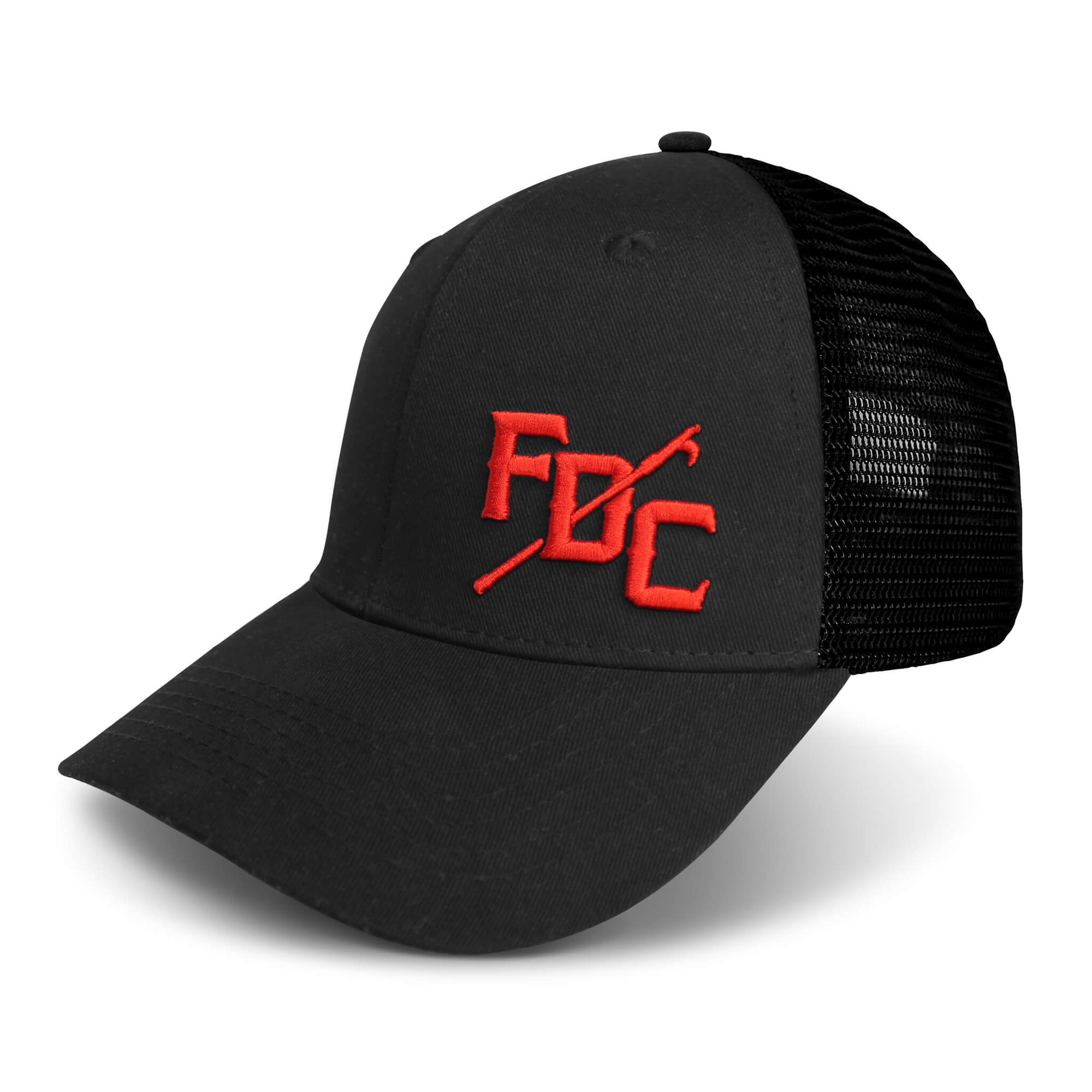 Side view of black hat with mesh back and a red FDC pike pole logo on the front