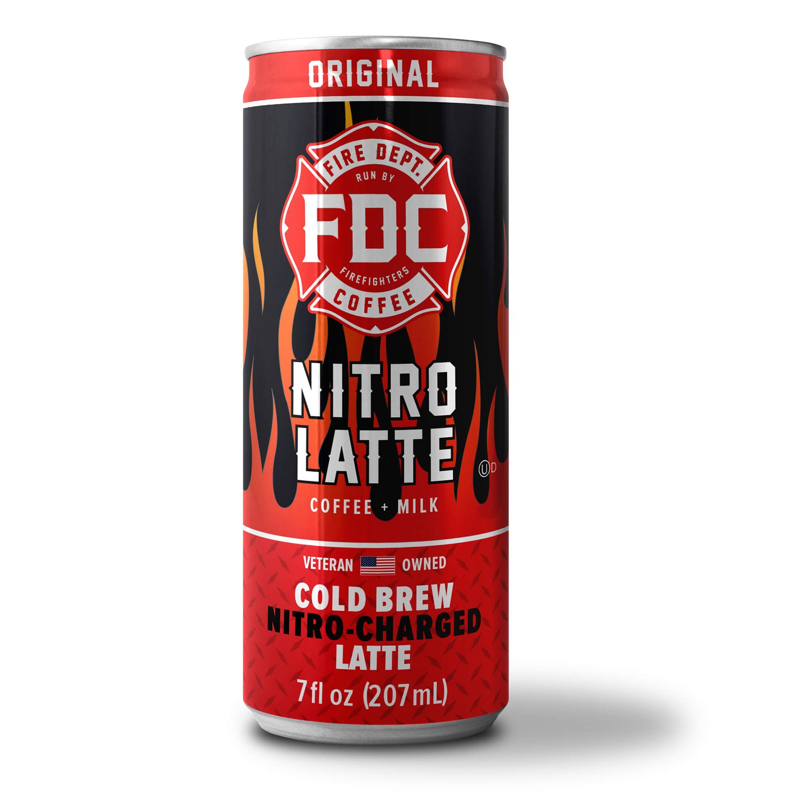 Single can of Nitro Charged Latte. Sold in cases of 12 or 24 cans from Fire Department Coffee. 