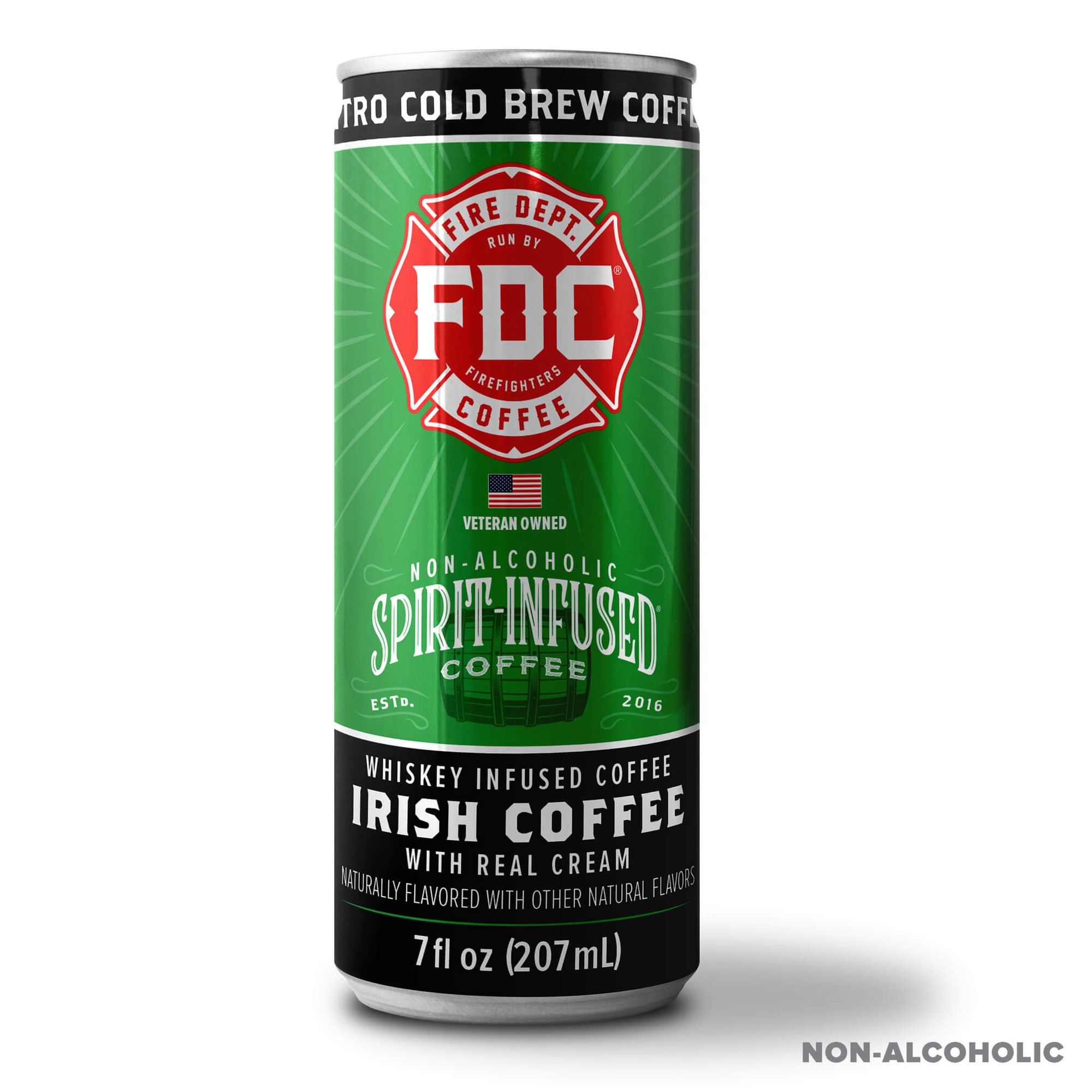Single can of Spirit Infused Irish Whiskey Coffee - Nitro Irish Coffee. Sold in cases of 12 or 24 cans from Fire Department Coffee. 