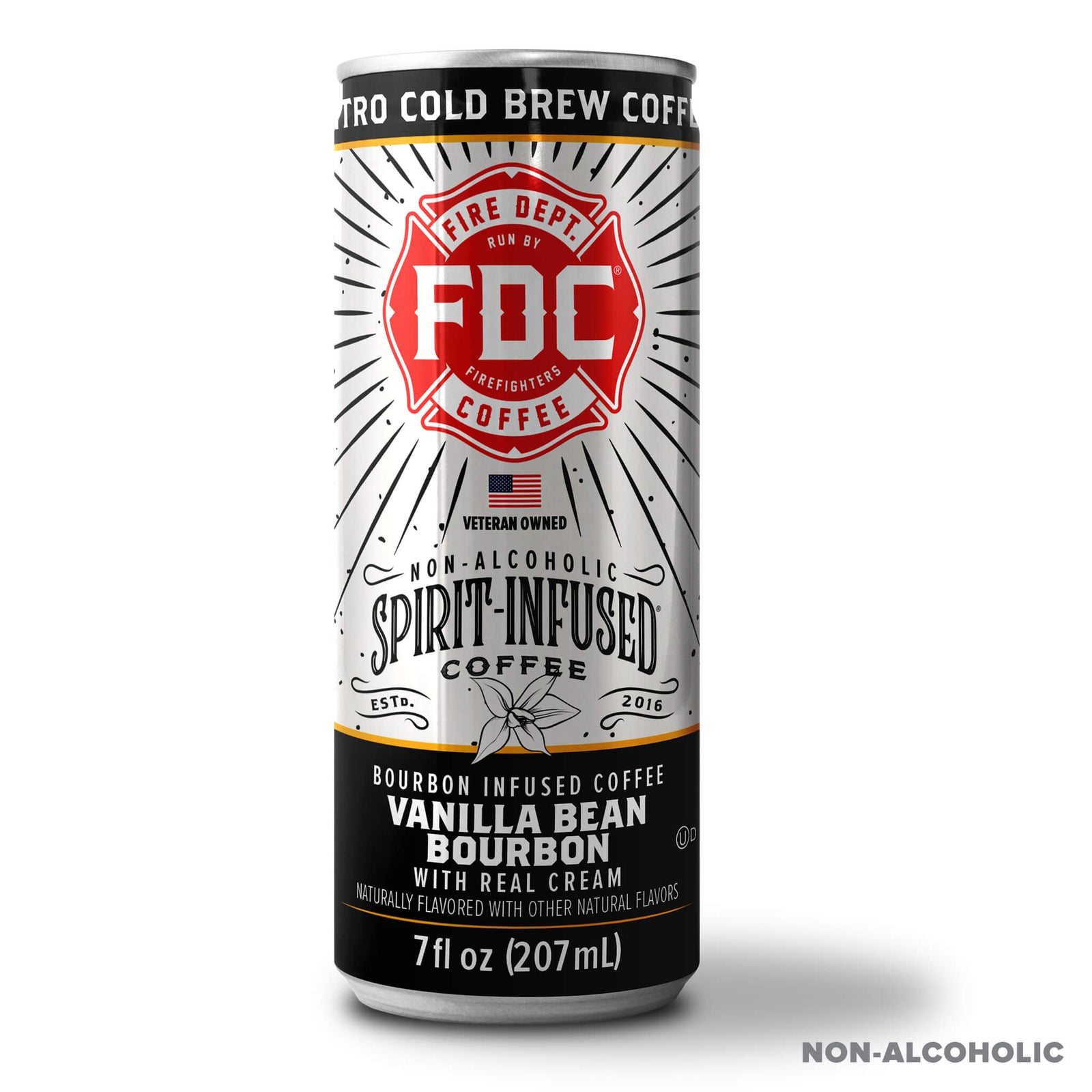 Single can of Nitro Vanilla Bean Bourbon Coffee. Sold in cases of 12 or 24 cans from Fire Department Coffee. 