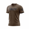 A heathered, espresso color t shirt with the text ”Salty” across the chest in large, black letters. The black FDC maltese cross is on the sleeve.