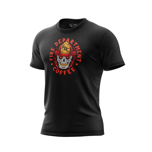 A black t shirt with a skull wearing an FDC fire helmet surrounded by flames in the center. Around the skull is text that reads ”Fire Department Coffee”.