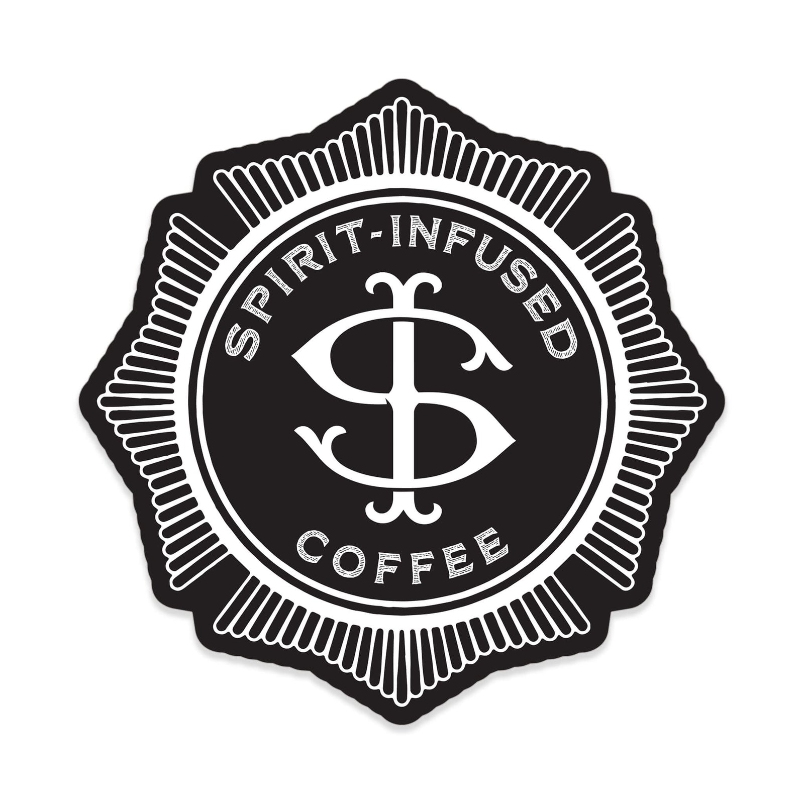 A black and white sticker with Fire Department Coffee's Spirit Infused logo.