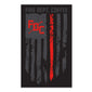 Rectangular, black sticker with a grey thin red line flag and the FDC pike pole logo in red. Across the top in great reads Fire Dept. Coffee.