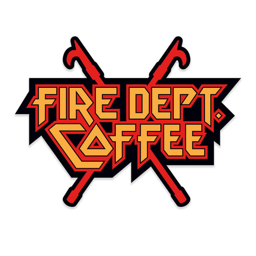 Sticker with ”Fire Dept. Coffee” in 80s heavy metal style red and yellow lettering and two red pike poles crossing in the middle