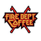 Sticker with ”Fire Dept. Coffee” in 80s heavy metal style red and yellow lettering and two red pike poles crossing in the middle