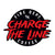 Circular black sticker with the words "charge the line" in red at the center. "Fire Dept. Coffee" and the FDC pike pole logo are around the outer edge of the sticker.