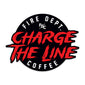 Circular black sticker with the words ”charge the line” in red at the center. ”Fire Dept. Coffee” and the FDC pike pole logo are around the outer edge of the sticker.
