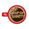 Sticker with top view of a red mug with coffee inside with bubbles that read "cup of sanity". FDC pike pole logo is on the handle in white. 