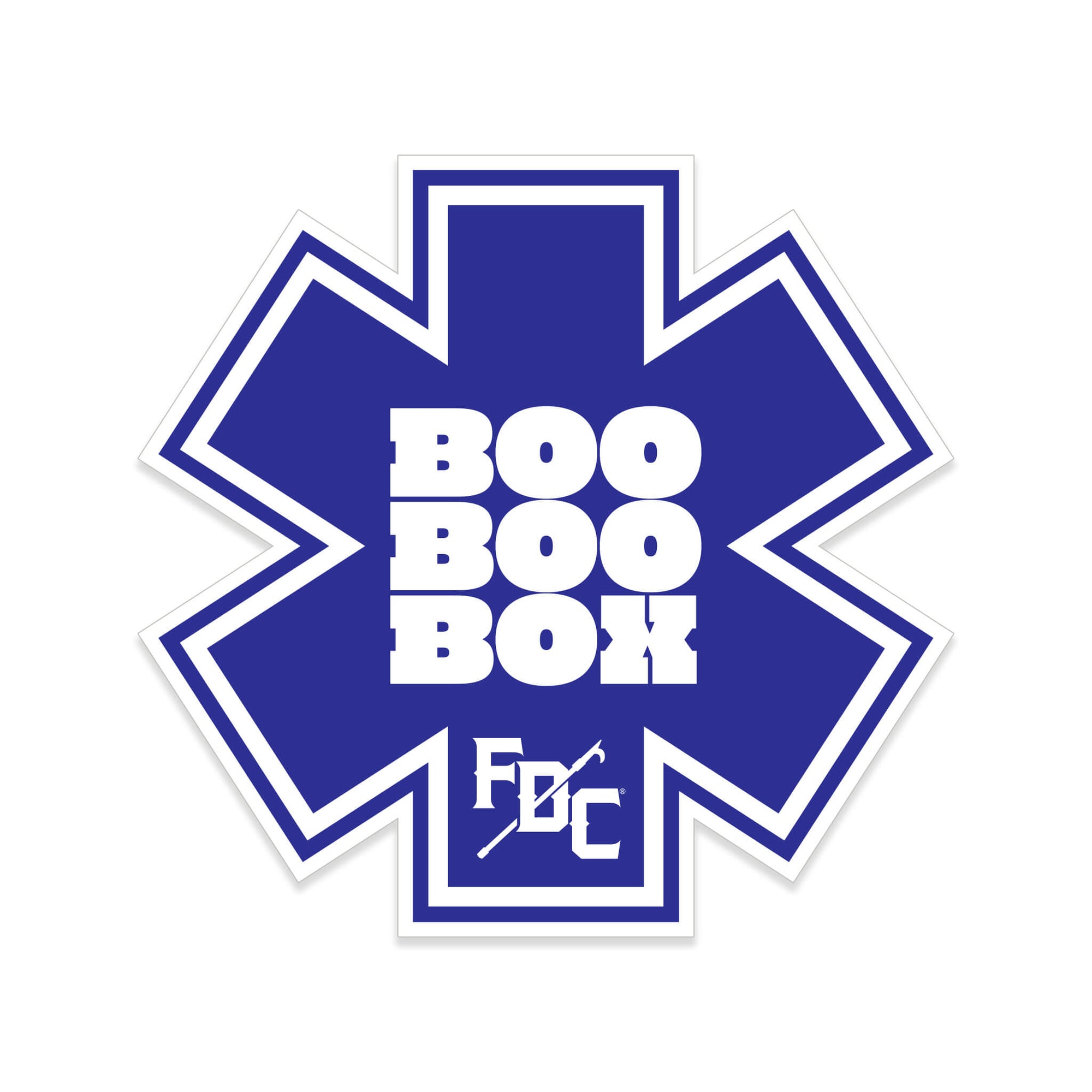 Sticker with blue EMS star and "boo boo box" in white lettering with the FDC Pike Pole logo at the bottom of the star.