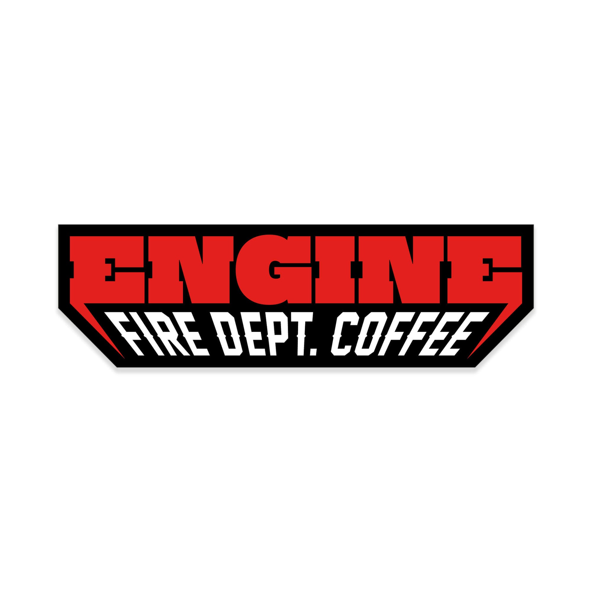 Sticker with "Engine" in bold, red lettering and "Fire Dept. Coffee" below in white.