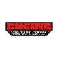 Sticker with ”Engine” in bold, red lettering and ”Fire Dept. Coffee” below in white.