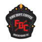 Sticker with a leather shield design and a red FDC pike pole logo. It also has the words ”Fire Dept. Coffee Rockford IL”