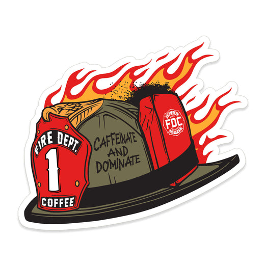 Sticker with flaming fire helmet that says ”caffeinate and dominate” and a bag of Fire Department Coffee attached.
