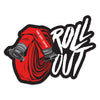 Sticker with red hose and "roll out" to the right of the hose in white lettering. "Fire Dept. Coffee" is in small white letters on the hose"