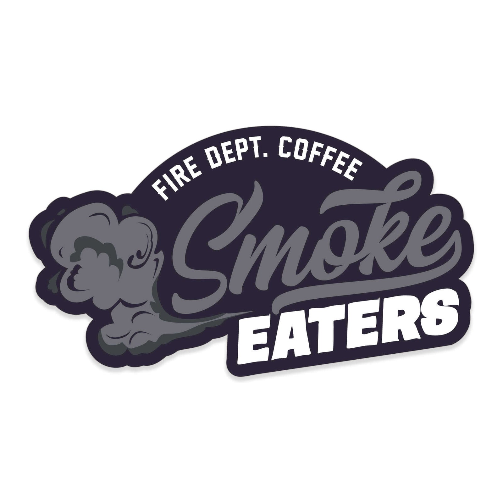 Black sticker with grey and white lettering that says "Fire Dept. Coffee Smoke Eaters" with a smoke design.
