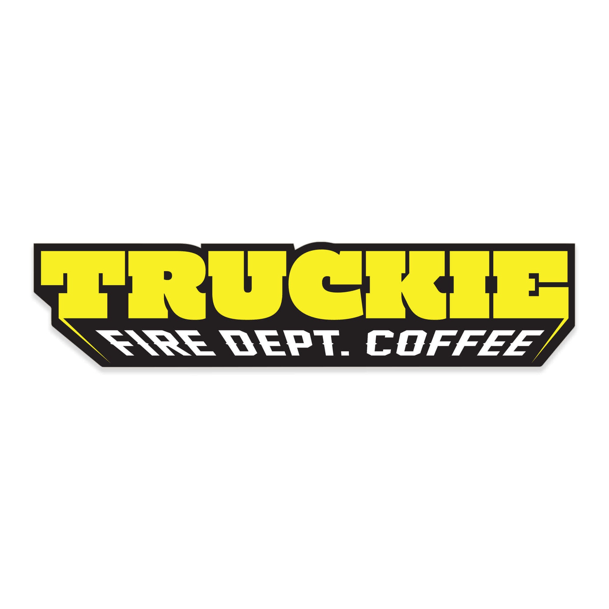 Sticker with "Truckie" in bold, yellow lettering and "Fire Dept. Coffee" below in white
