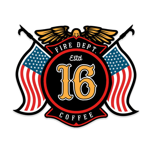 Sticker with maltese cross symbol with the american flag on each side, held by pike poles. Eagle symbol sits at the top and inside the cross says ”Fire Dept. Coffee established 16”
