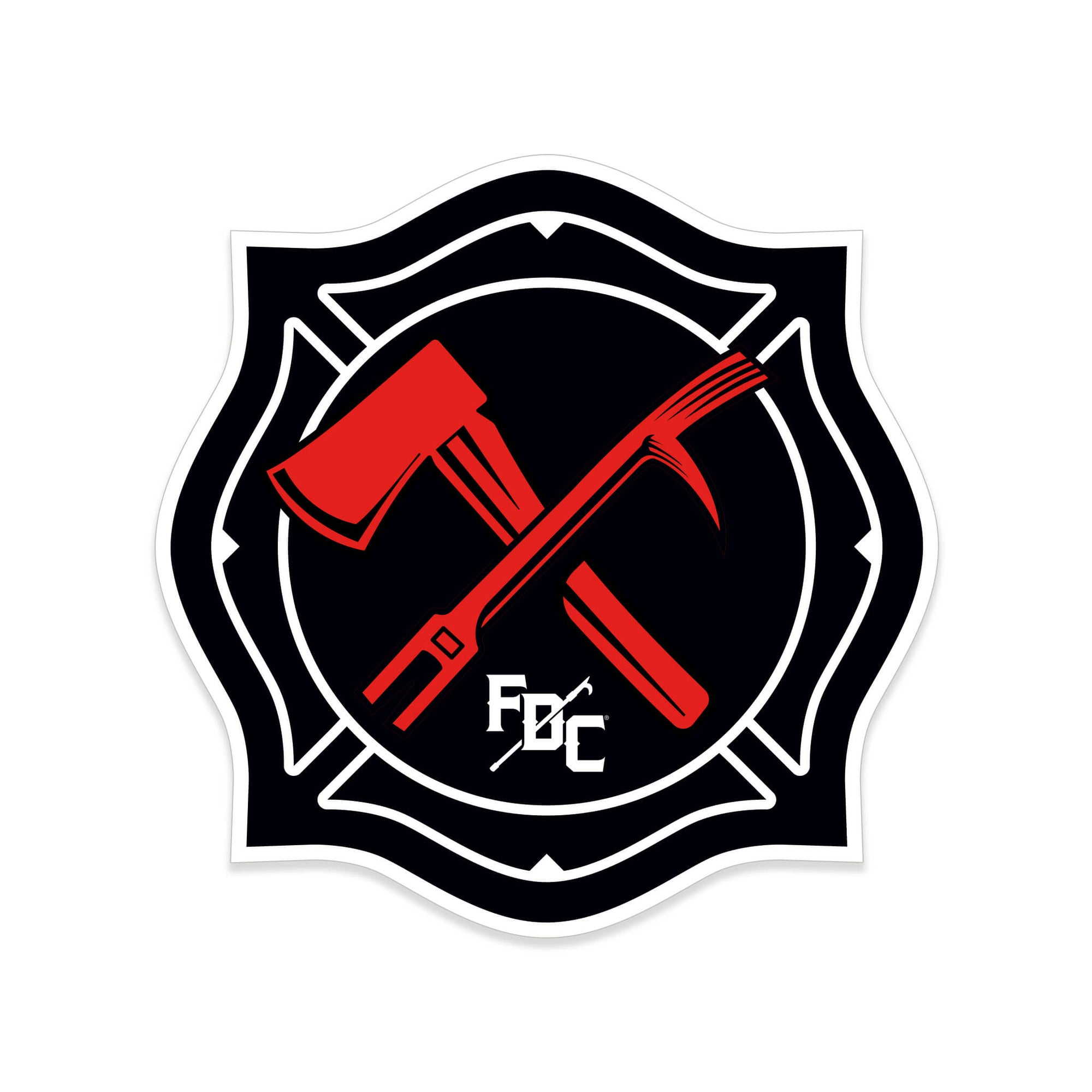 Sticker with a black maltese cross logo and a red axe and pike pole crossed in the middle with a white FDC pike pole logo below.