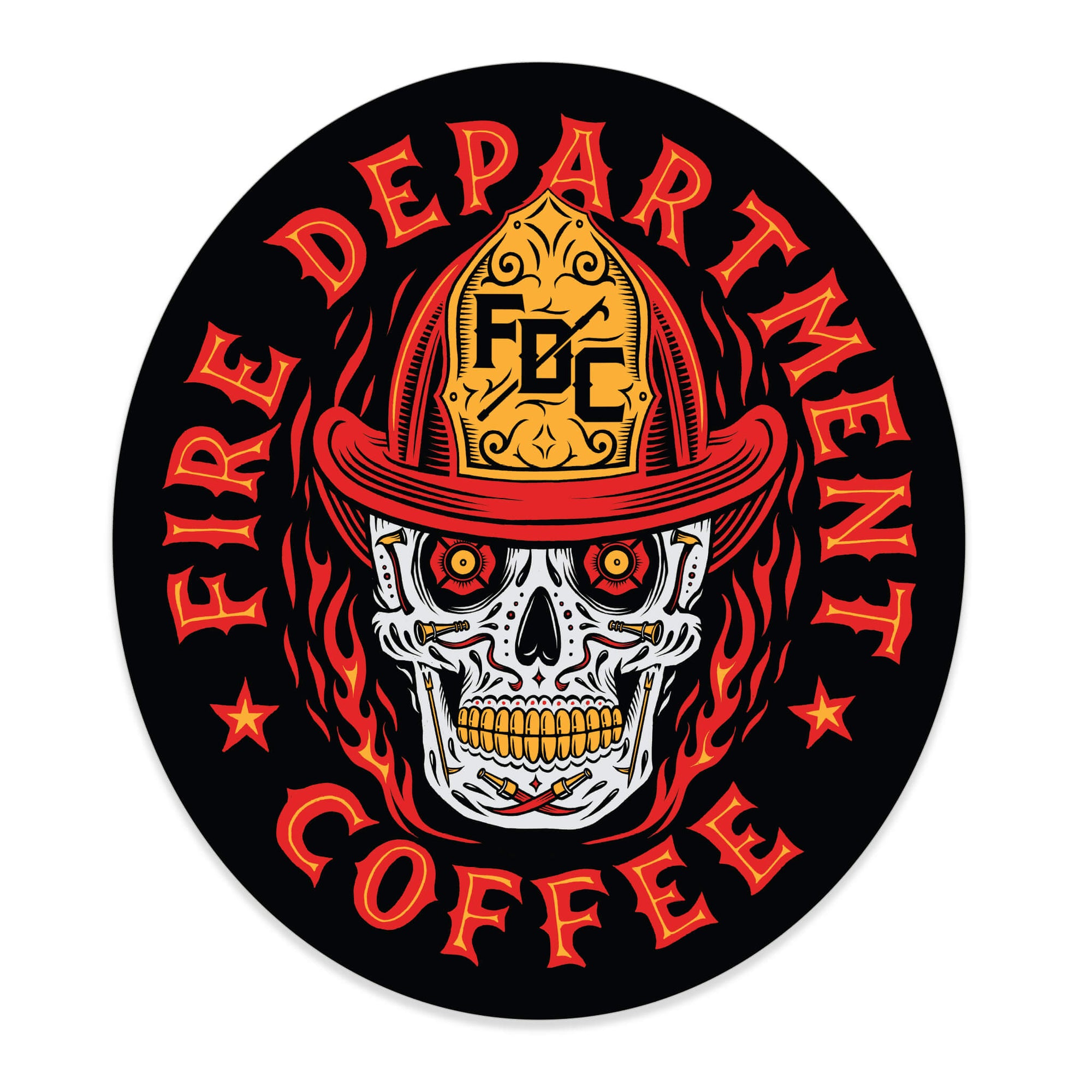 Sticker with a skull wearing an FDC fire helmet surrounded by flames in the center. Around the skull is text that reads "Fire Department Coffee".