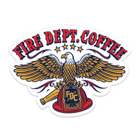 A sticker with an illustration of an eagle holding an FDC fire helmet. Above the eagle is red text that reads ”Fire Dept. Coffee”