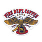A sticker with an illustration of an eagle holding an FDC fire helmet. Above the eagle is red text that reads ”Fire Dept. Coffee”