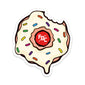 A sticker with the image of a vanilla, sprinkle donut and a FDC pike pole logo in the center of the donut.