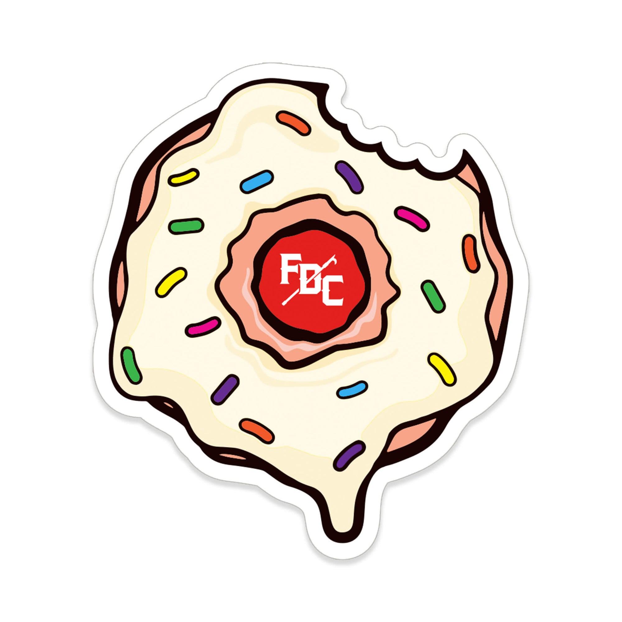 A sticker with the image of a vanilla, sprinkle donut and a FDC pike pole logo in the center of the donut.