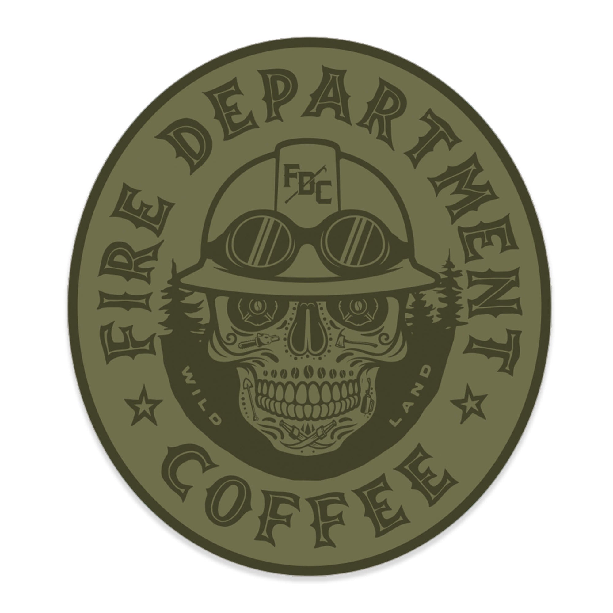 Olive green sticker with "Fire Department Coffee" around the edge of the oval. There is a skull in the middle wearing a firefighting helmet