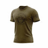Green shirt with a skull wearing an FDC helmet. Around the skull is the text ”Fire Department Coffee”. There is an FDC maltese cross logo on the sleeve.
