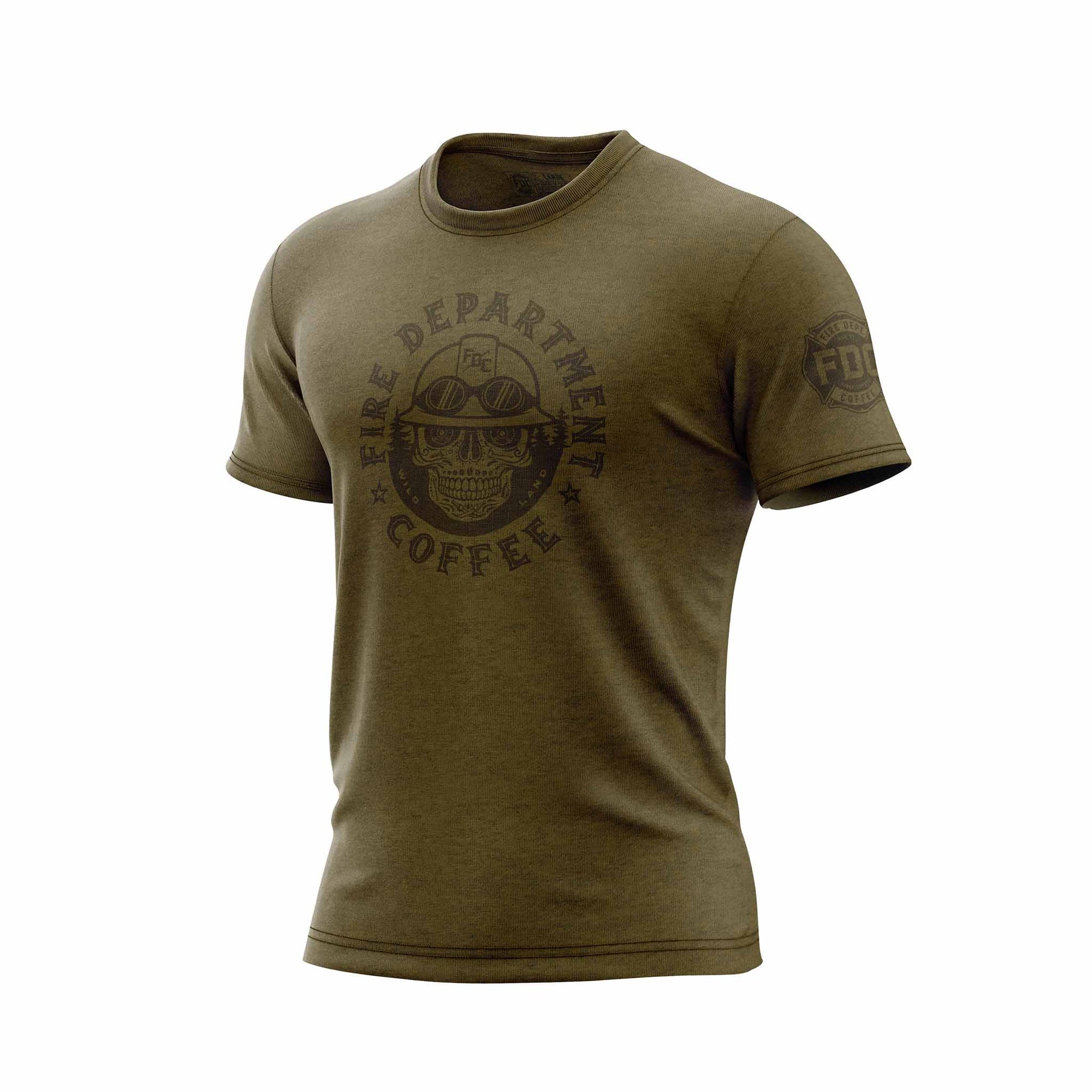Green shirt with a skull wearing an FDC helmet. Around the skull is the text "Fire Department Coffee". There is an FDC maltese cross logo on the sleeve.