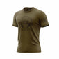 Green shirt with a skull wearing an FDC helmet. Around the skull is the text ”Fire Department Coffee”. There is an FDC maltese cross logo on the sleeve.