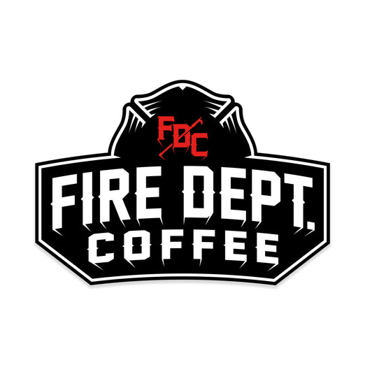 A black sticker with ”Fire Dept. Coffee” in white lettering and a red FDC pike pole logo above