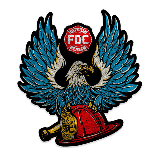 The Blue Eagle Sticker design also symbolizes our proud roots in the fire service and our love of coffee roasted in the U.S.A.